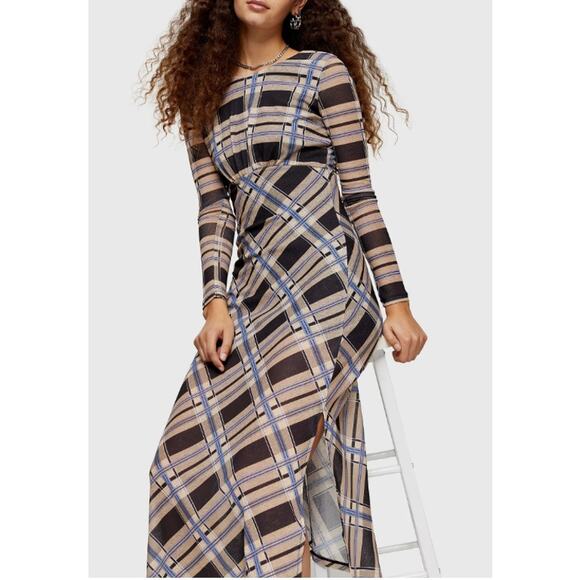 Topshop Check Print Long Sleeve Midi Dress in Multicolor - Picture 1 of 12
